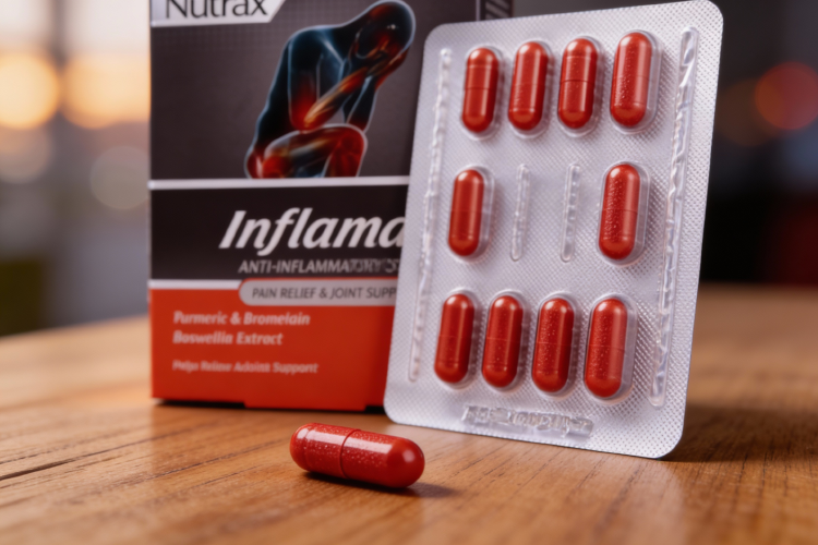 تصویر نزدیک از کپسول اینفلامید روی سطح چوبی